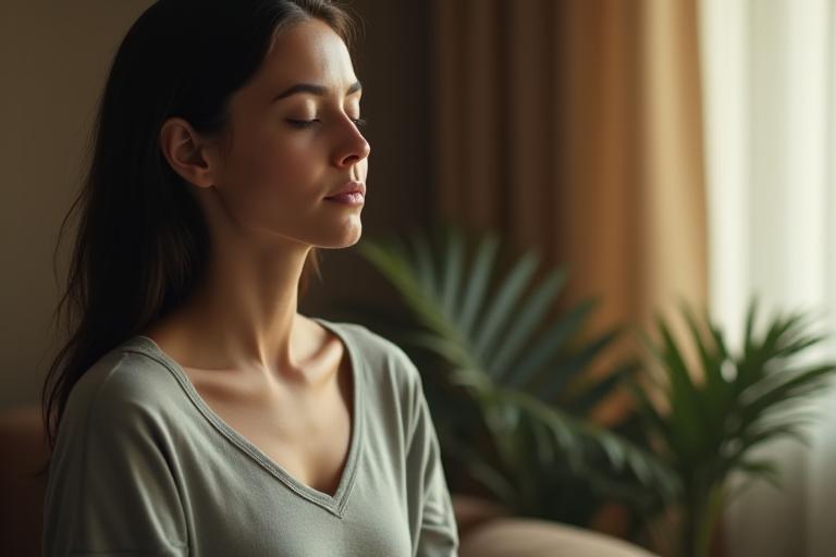 Person meditating peacefully in a tranquil setting, symbolizing stress reduction